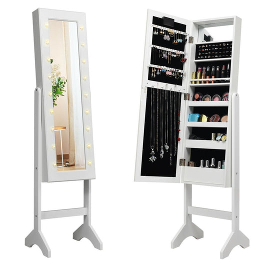 Mirrored Jewelry Cabinet Armoire Organizer w/ LED lights-White