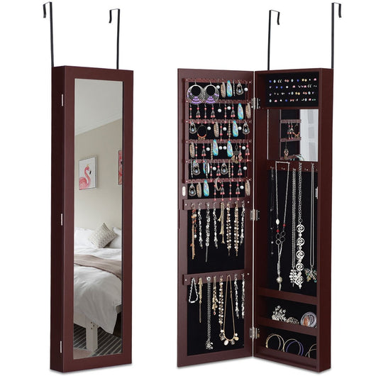 Wall Door Mounted Mirrored Jewelry Cabinet Storage Organizer-Coffee