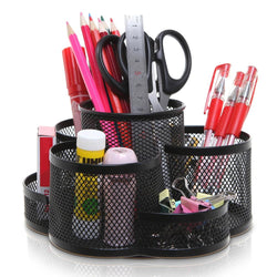 7 Compartment Rotating Black Metal Mesh Desktop Office Supplies Storage Caddy