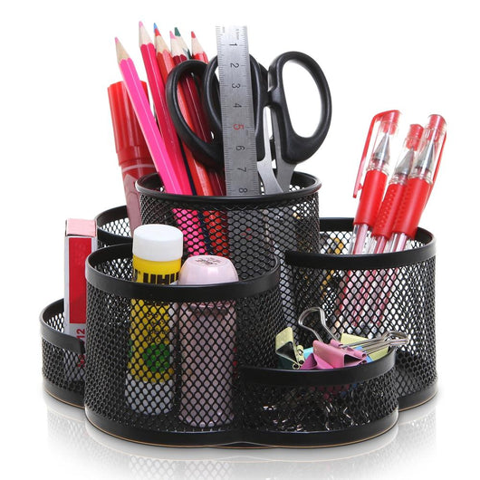 7 Compartment Rotating Black Metal Mesh Desktop Office Supplies Storage Caddy