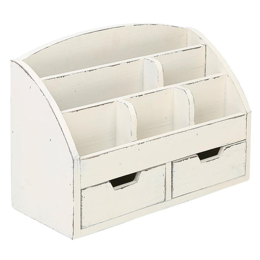 6 Compartment Vintage White Wood Desk Organizer with 2 Drawers